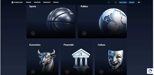 I used the Crypto.com Predictions landing page to browse its Sports, Politics, Economics, Financials, and Culture categories and assess how clearly the platform organizes market discovery.