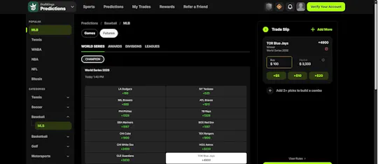 I used DraftKings Predictions' MLB championship market to select the Toronto Blue Jays, enter $100, review a potential $3,333 payout, compare contract prices with other teams, and see the Build a Combo option.