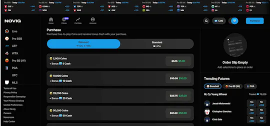 I used Novig's purchase page to compare free-to-play Novig Coins with bonus Novig Cash while viewing the available packages and sports futures market beside the order slip.
