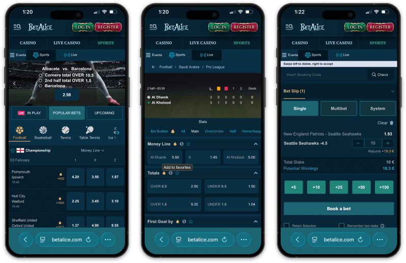 Screenshots of the BetAlice mobile browser interface showing homepage, the live betting section, and the online bet slip