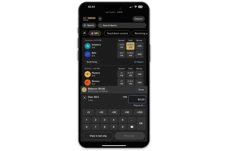 Screenshot of BetMGM sportsbook place bet