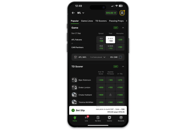 Screenshot of DraftKings sportsbook