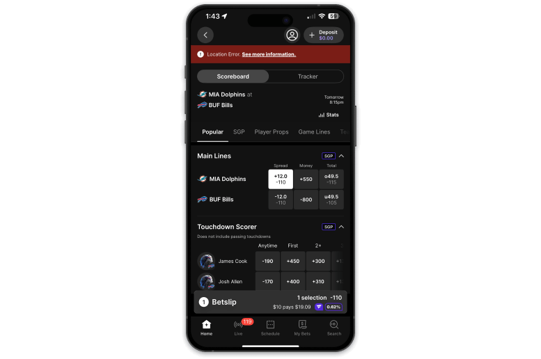Screenshot of Fanatics sportsbook