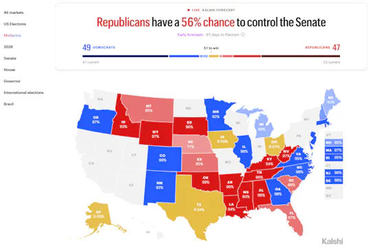 Kalshi screenshot of the 2026 Midterms visualizer with clickable markets