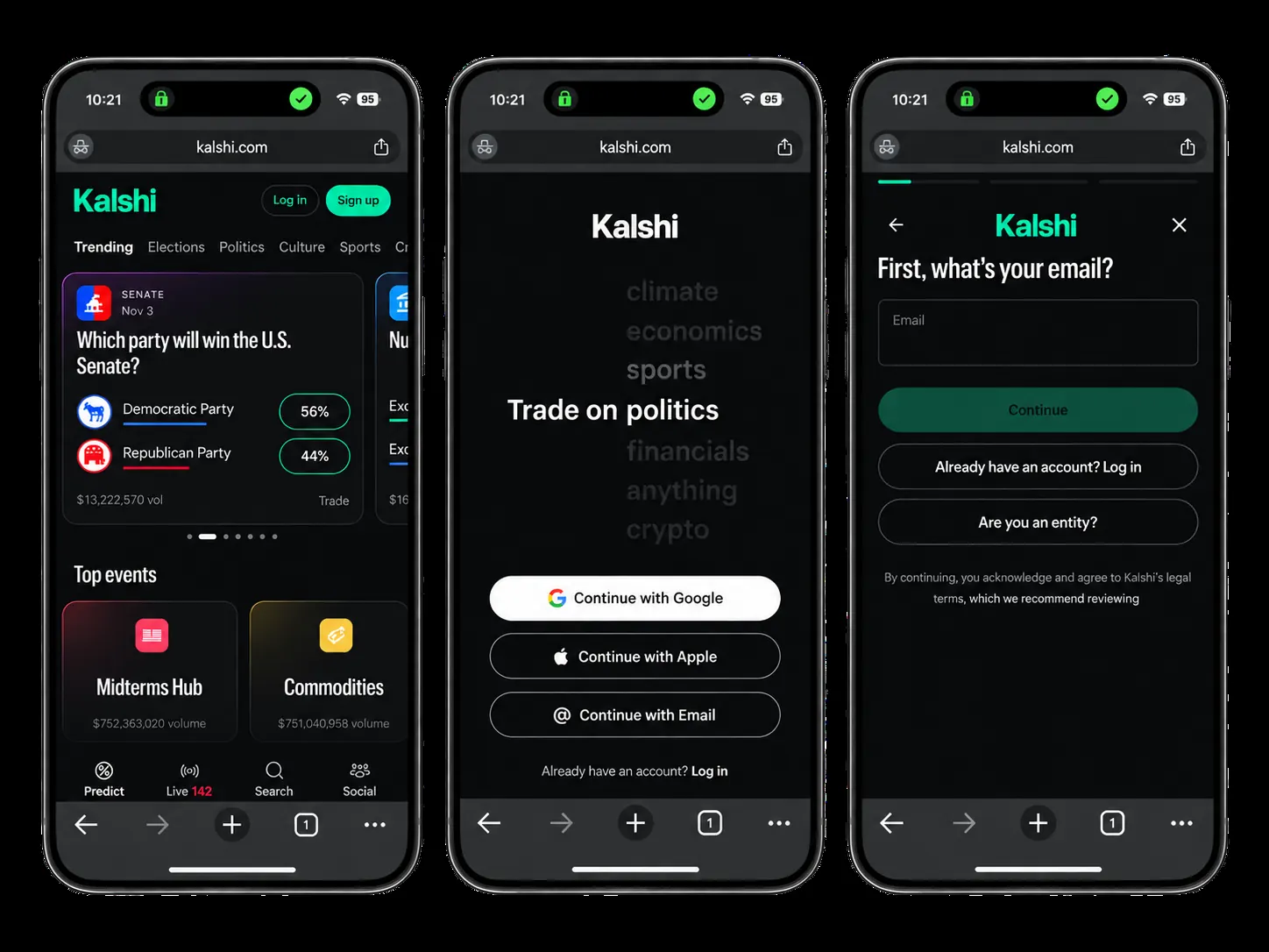 Kalshi sign up screenshots showing account creation