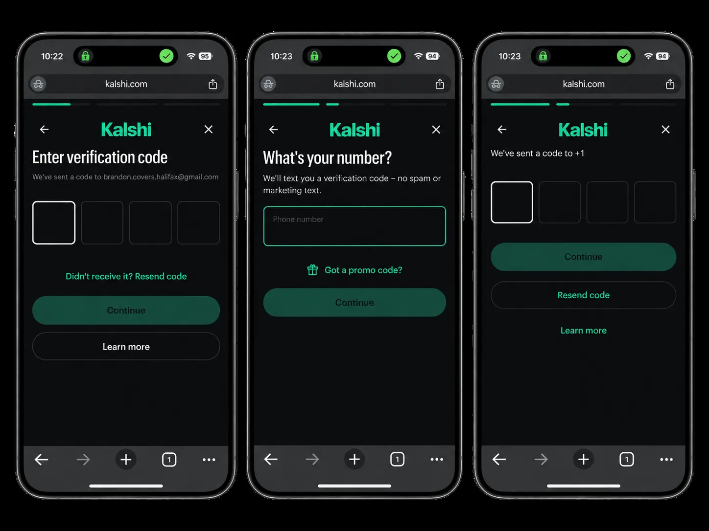 Kalshi sign up screenshots showing personal information
