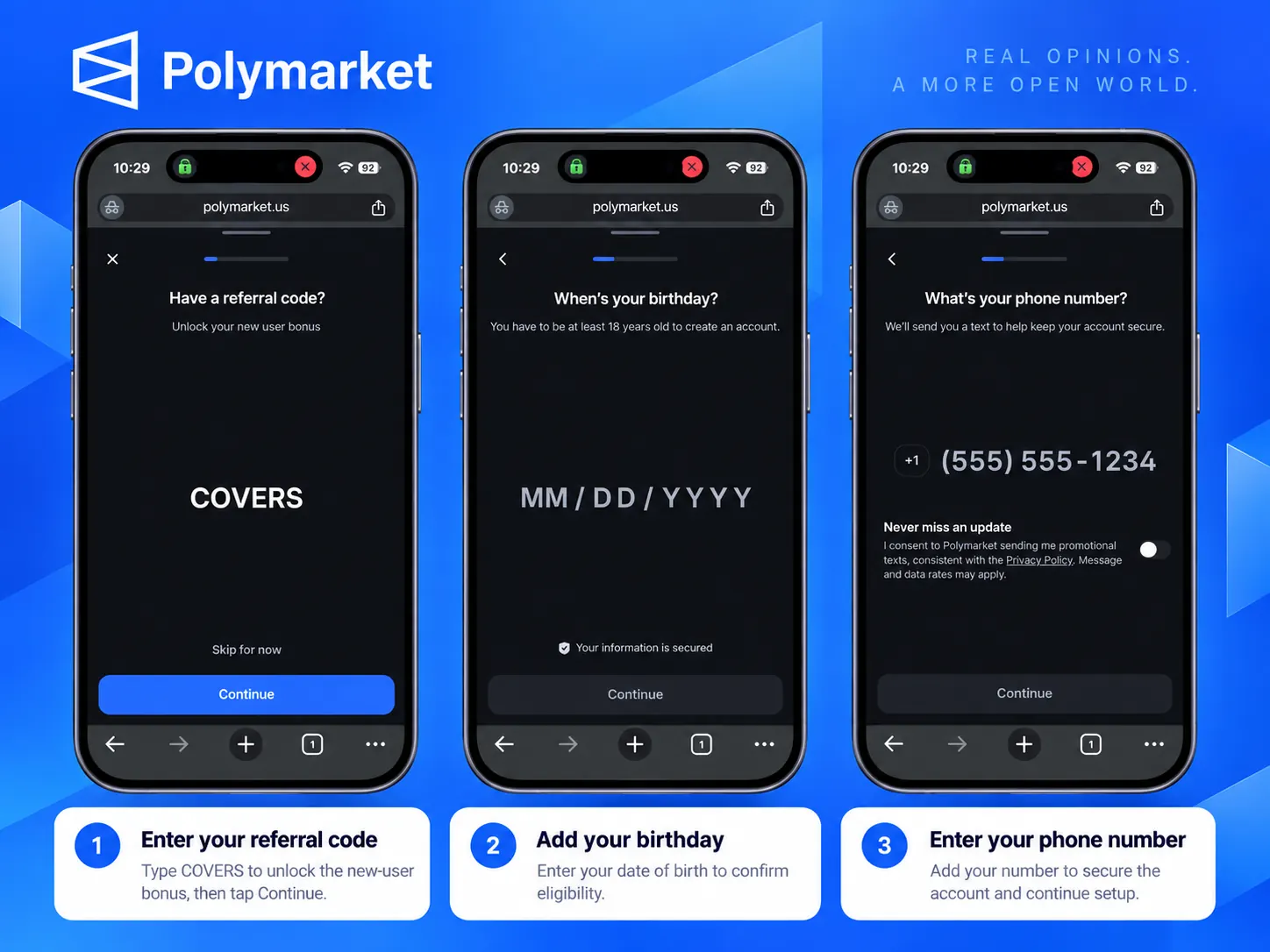 Polymarket sign up screenshots showing personal information