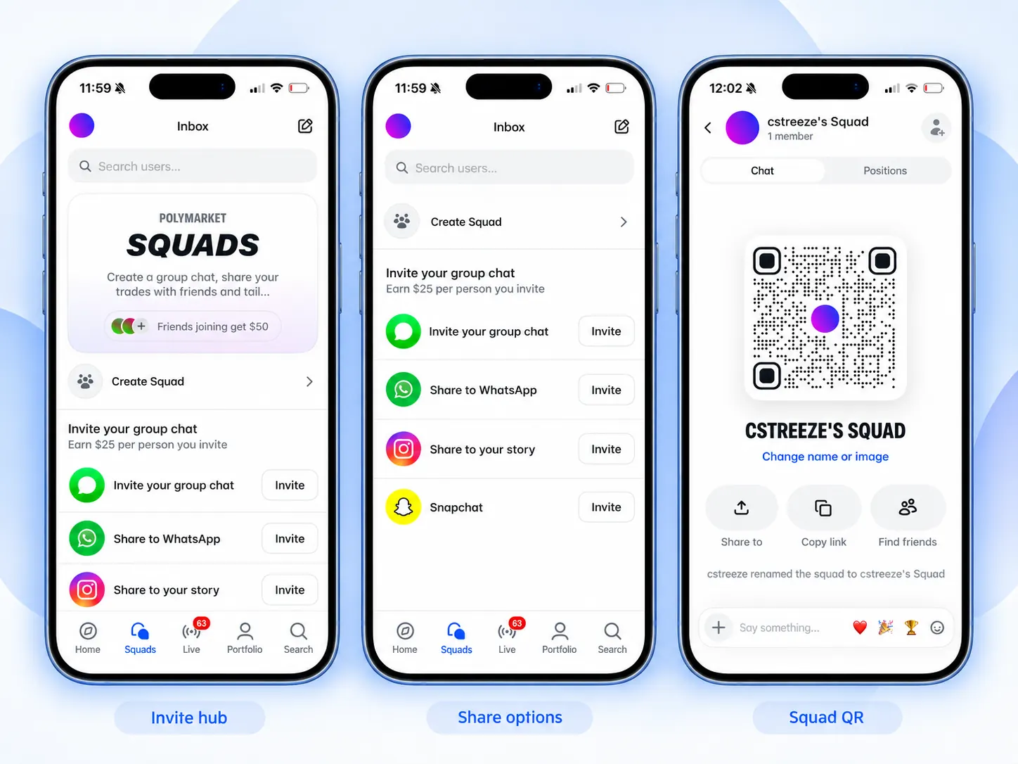 Polymarket referral code invite hub showcasing direct sharing, social apps, links and Squad QR code