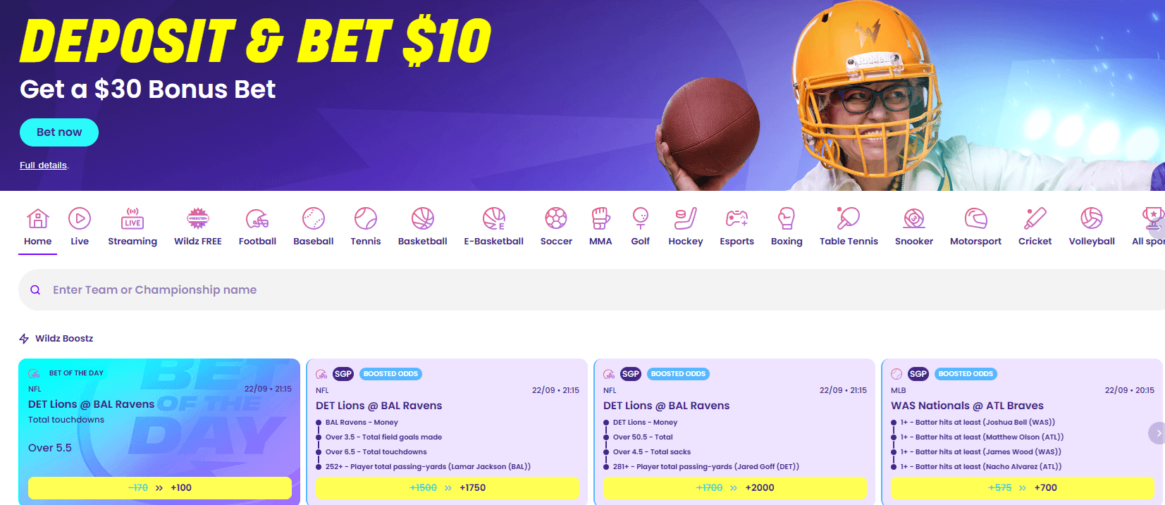 Screenshots of the Wildz showcasing NFL markets, parlays, and more