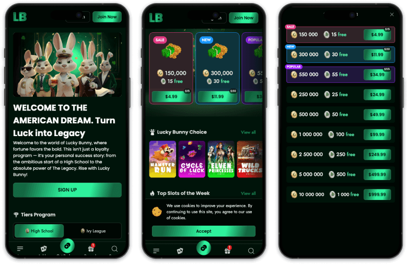 Lucky Bunny sweeps casino screenshots