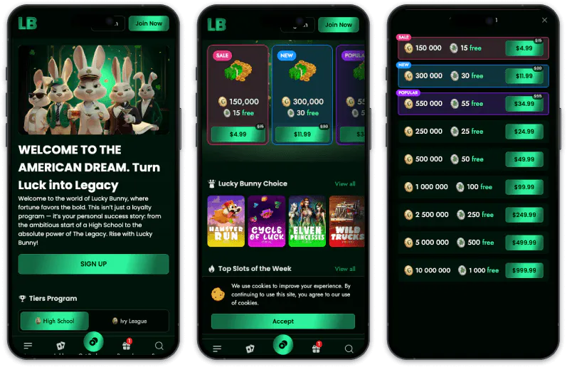 Lucky Bunny sweeps casino screenshots