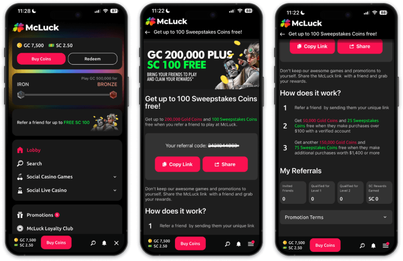 McLuck referral code screenshots