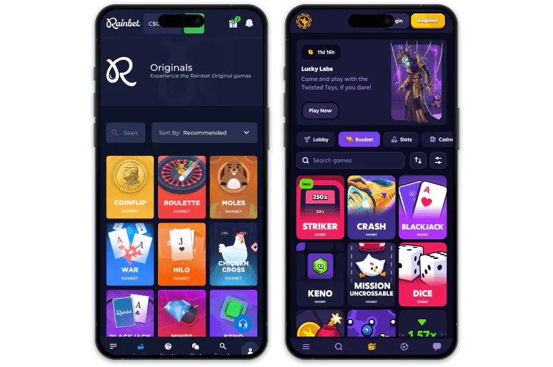 Rainbet vs. Roobet Originals comparison