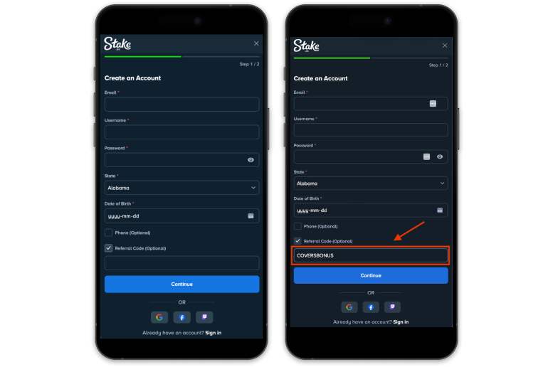 Stake.us referral code screenshots