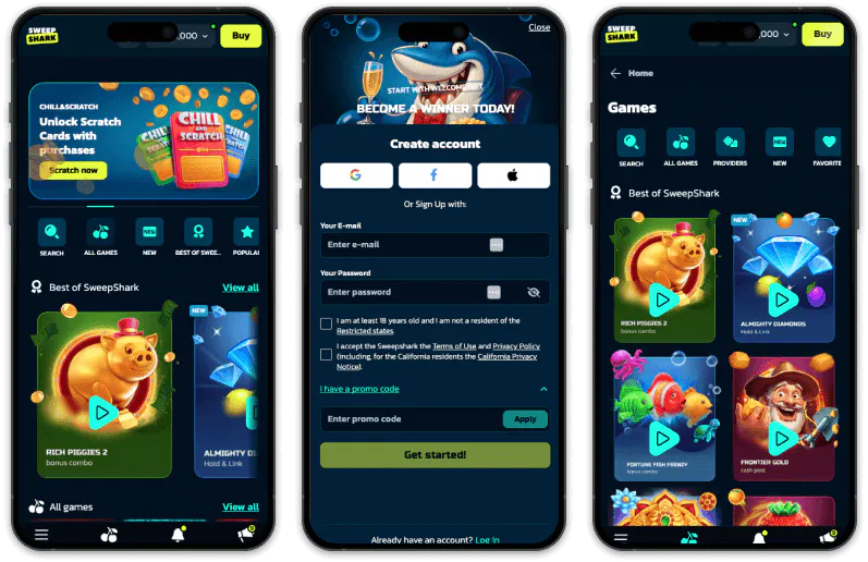SweepShark Casino screenshots