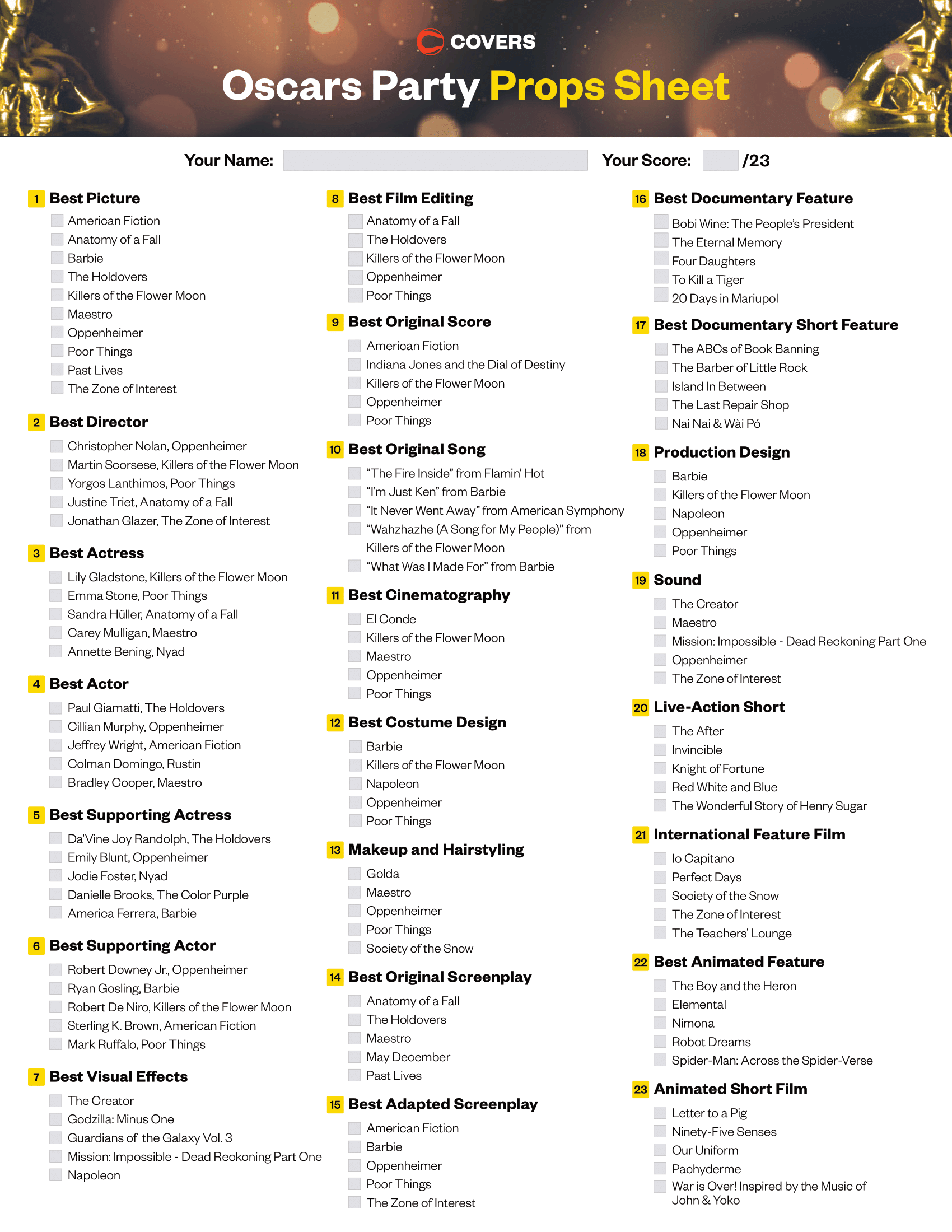 2024 Oscars Prop Sheet