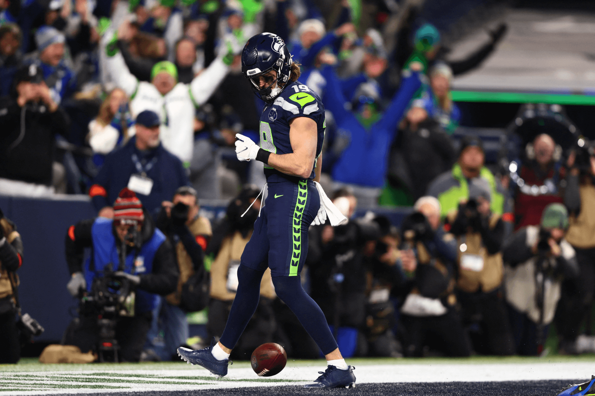 Super Bowl Script: Seattle Seahawks wide receiver Jake Bobo celebrates after scoring a touchdown.