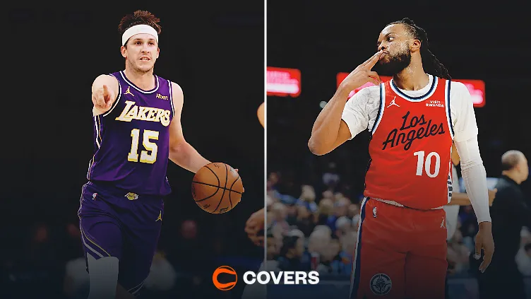 Lakers vs. Clippers computer picks. Custom image of Austin Reaves and Darius Garland.