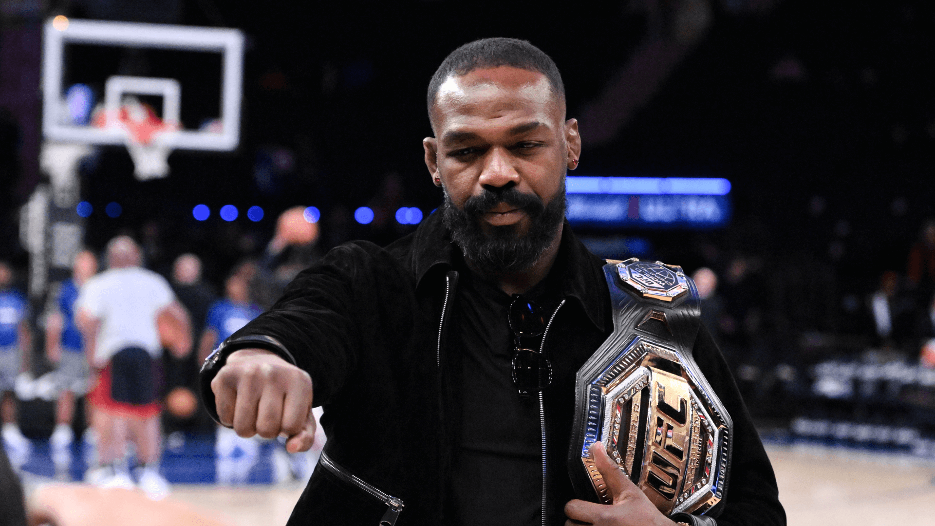 UFC mixed martial arts heavyweight champion Jon Jones poses for a photo before a game between the New York Knicks and the Chicago Bulls at Madison Square Garden.