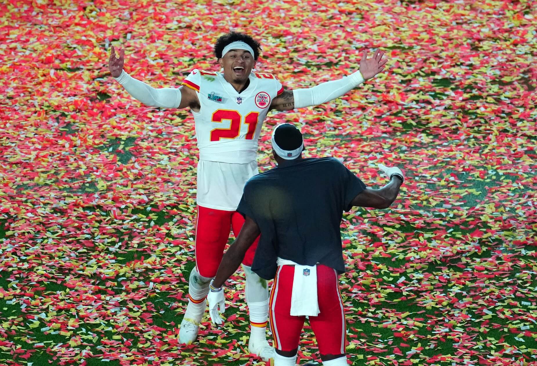 Kansas City Chiefs cornerback Trent McDuffie (21) celebrates after defeating the Philadelphia Eagles in Super Bowl LVII at State Farm Stadium.