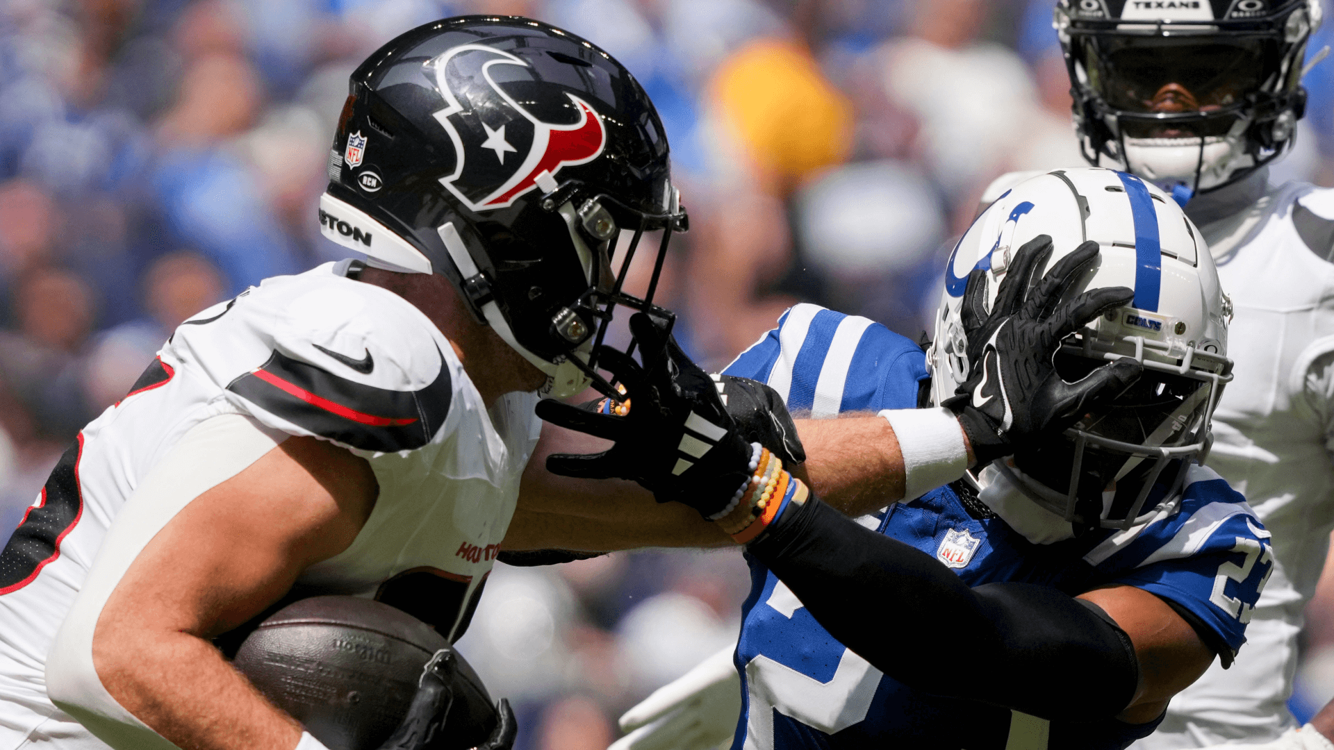 Houston Texans tight end Dalton Schultz (86) pushes off of Indianapolis Colts cornerback Kenny Moore II (23).