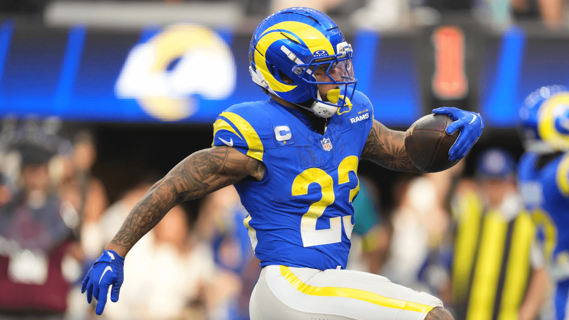 Los Angeles Rams running back Kyren Williams (23) runs for a touchdown.