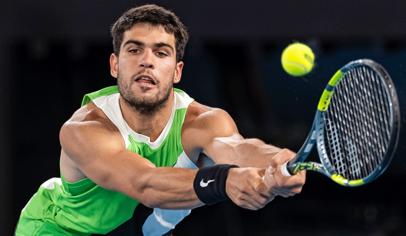 Carlos Alcaraz of Spain in action against Alex de Minaur of Australia in the quarterfinals of the men’s singles at the Australian Open.