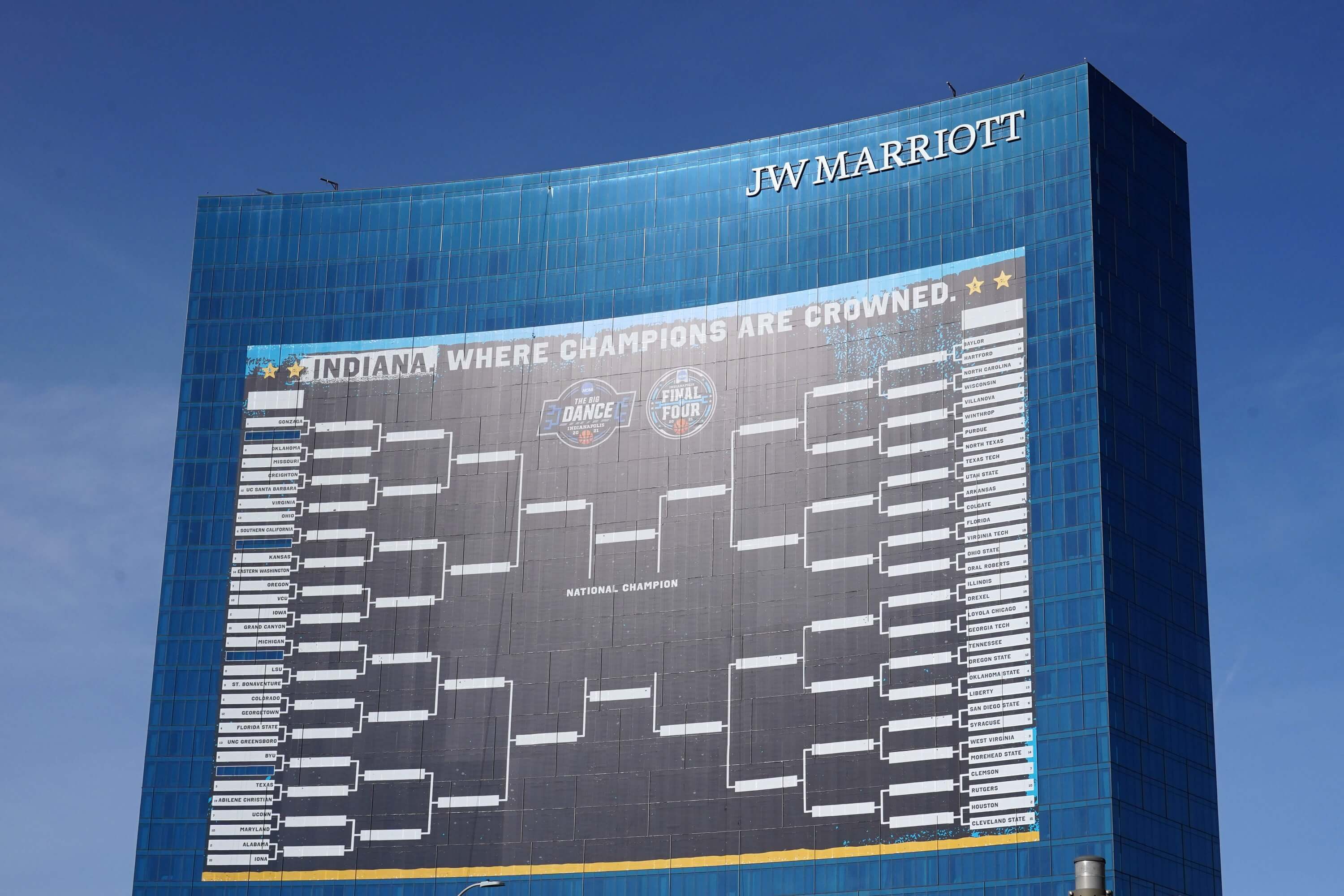 Indianapolis, Indiana, USA; The NCAA Final Four March Madness playoff bracket is displayed on the JW Marriott hotel.