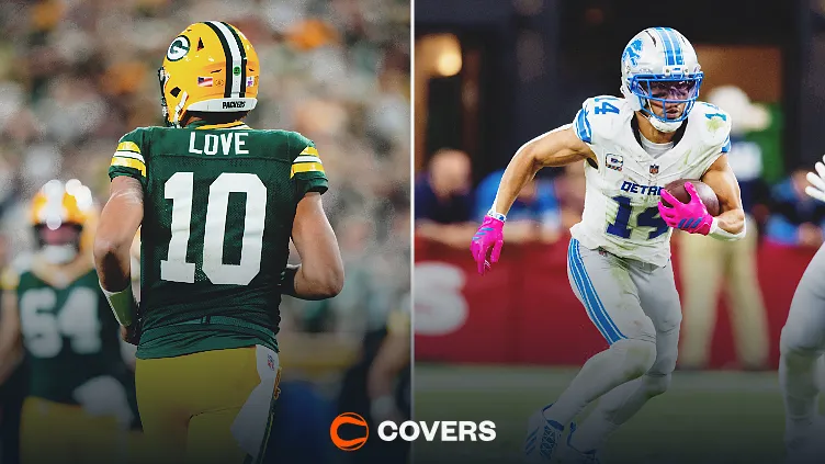 Packers vs Lions prediction. Custom image of Jordan Love and Amon-Ra St. Brown.