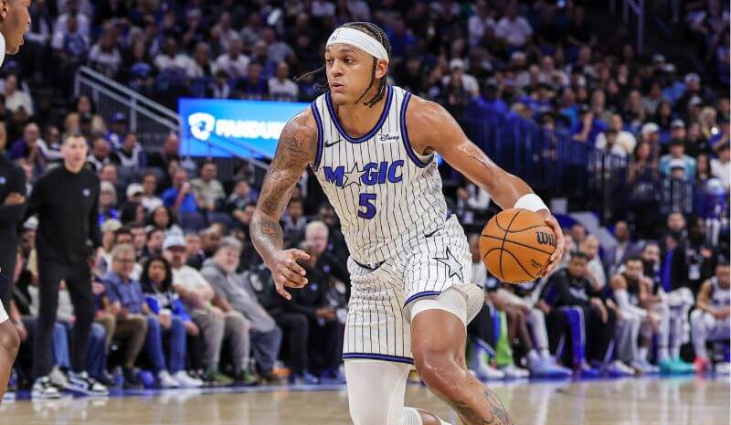 Orlando Magic forward Paolo Banchero (5) moves the ball.