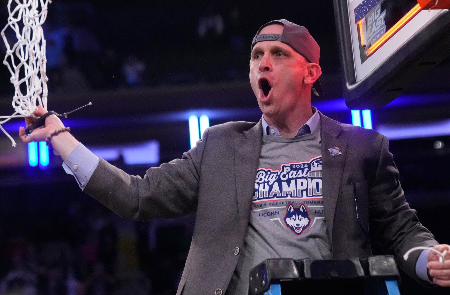 Connecticut Huskies head coach Dan Hurley celebrates the win over Marquette Golden Eagles at Madison Square Garden.
