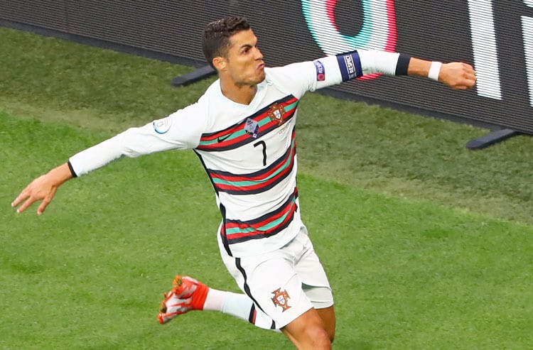Cristiano Ronaldo celebrates after scoring a goal for Portugal at Euro 2020.