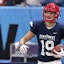 West wide receiver Shawn Poindexter (19) of Arizona reacts after scoring a touchdown during the third quarter against the East at Tropicana Field.