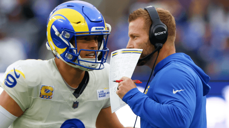 Los Angeles Rams quarterback Matthew Stafford speaks with head coach Sean McVay NFL
