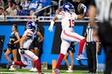 New York Giants quarterback Jameis Winston (19) celebrates a touchdown against Detroit Lions during the second half at Ford Field in Detroit on Sunday, Nov. 23, 2025. Junfu Han / USA TODAY NETWORK via Imagn Images