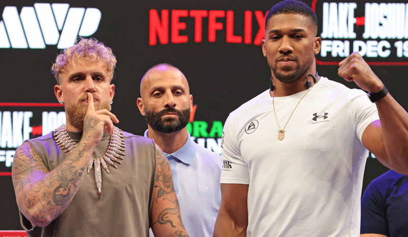 Jake Paul and Anthony Joshua face off after a press conference announcing their heavyweight boxing match at Kayesa Center.