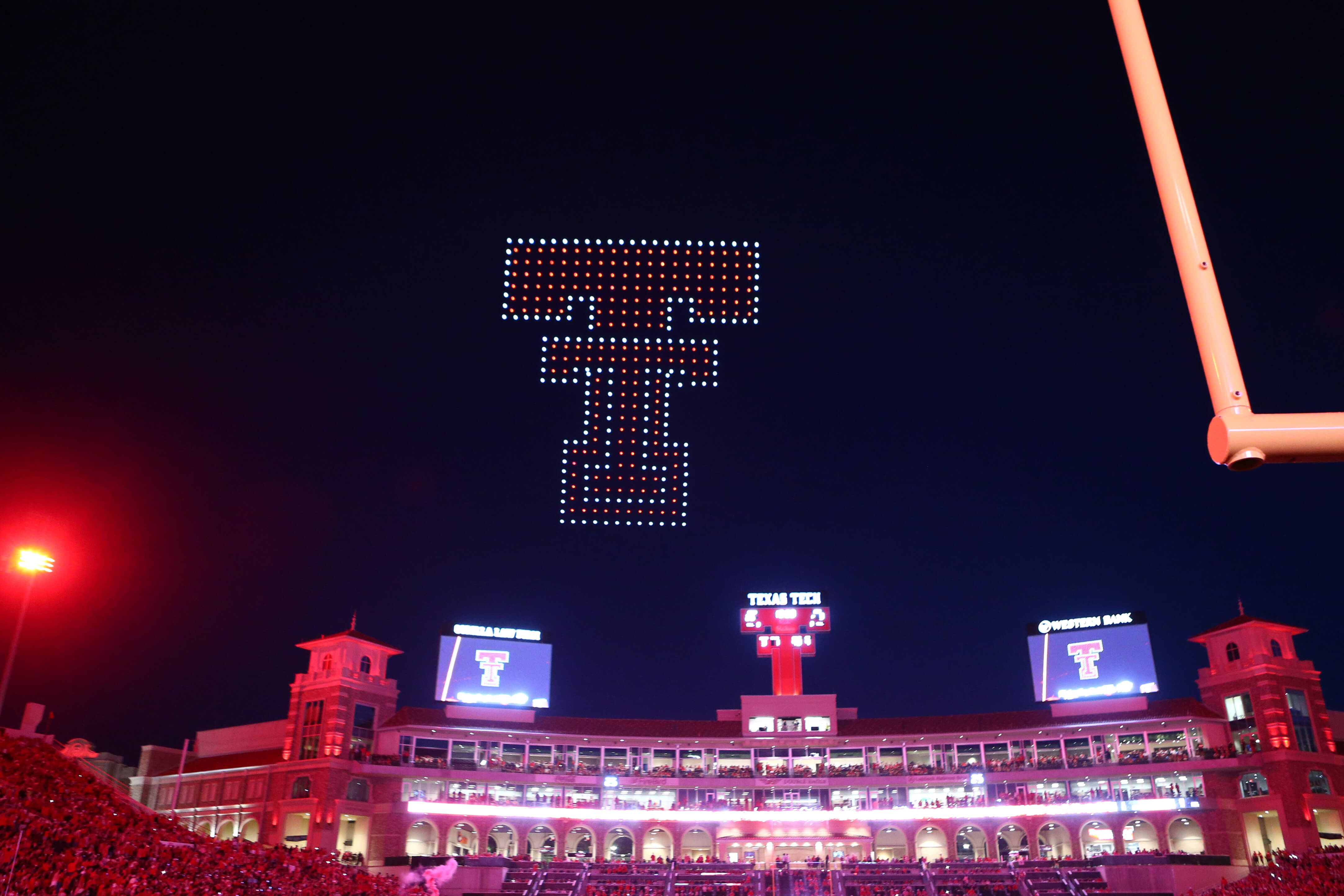 Houston vs Texas Tech weather report, A general view of the drone show at Galaxy Stadium.