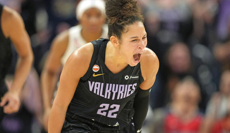 Golden State Valkyries guard Veronica Burton (22) reacts after making a 3-pointer.