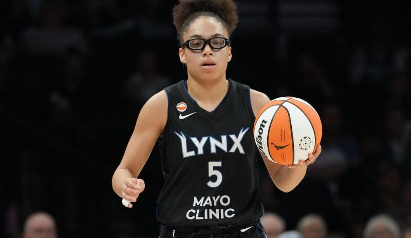  Minnesota Lynx guard Olivia Miles (5) dribbles up court. 
