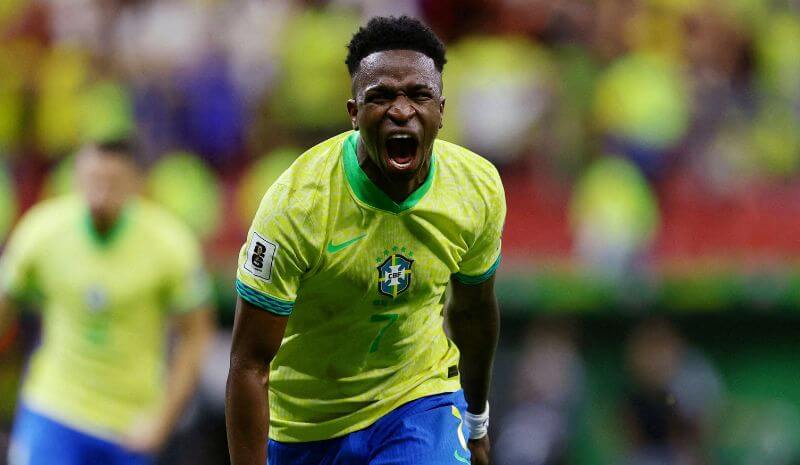 Brazil's Vinicius Junior celebrates scoring.