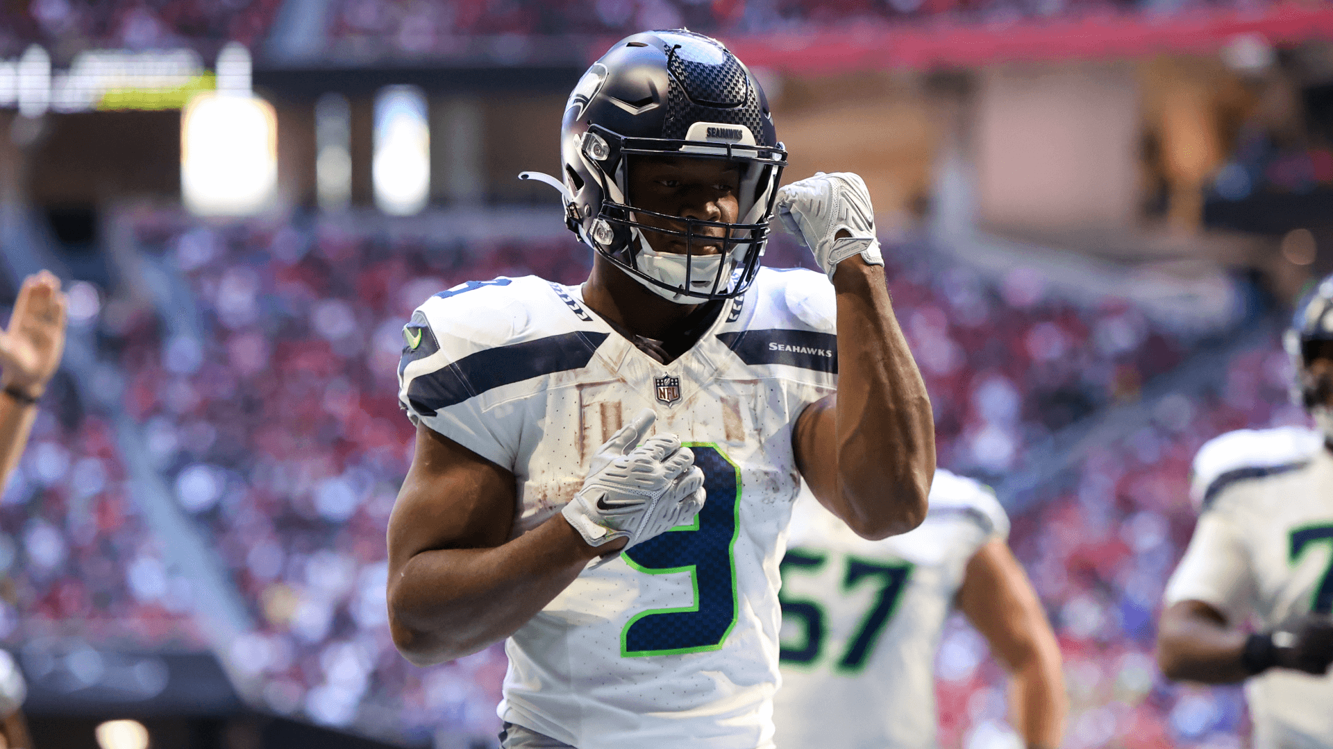 Seattle Seahawks running back Kenneth Walker III (9) celebrates after a touchdown catch against the Atlanta Falcons