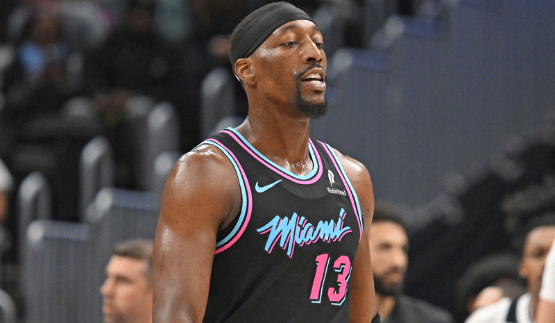 Bam Adebayo (13) walks back the the bench during a game against the Washington Wizards during the first quarter at Capital One Arena.