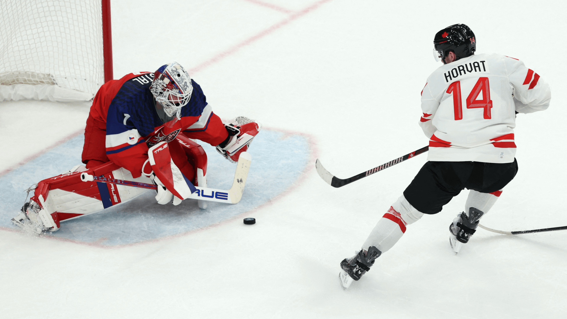 Bo Horvat of Canada scores their third goal vs. Czechia