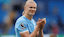 Manchester City's Erling Haaland celebrates after the Premier League match at the Etihad Stadium.