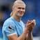 Manchester City's Erling Haaland celebrates after the Premier League match at the Etihad Stadium.