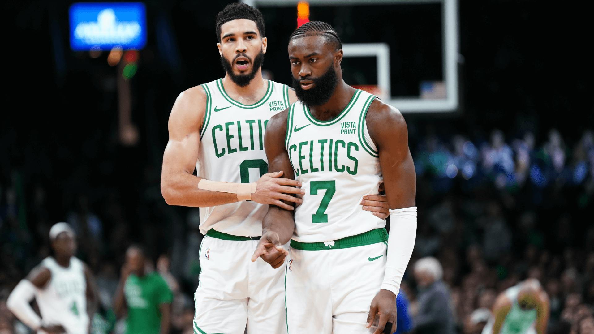 Boston Celtics forward Jayson Tatum (0) and guard Jaylen Brown (7) on the court against the Cleveland Cavaliers.