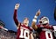 Oklahoma's John Mateer (10) and Jaydn Ott (0) sing the alma mater following the college football game between the University of Oklahoma Sooners and the Illinois State Redbirds.