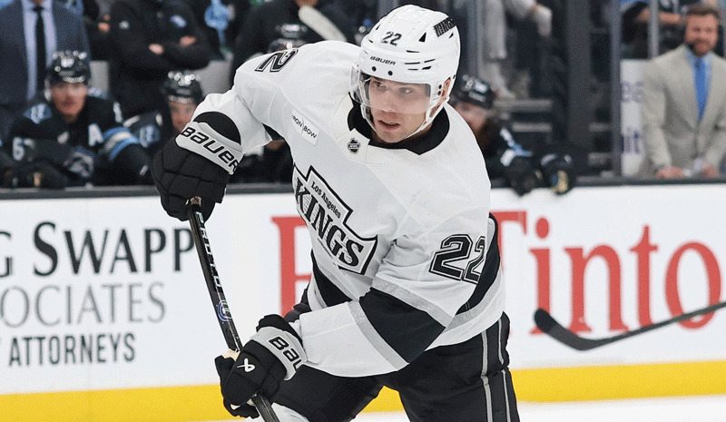 Los Angeles Kings left wing Kevin Fiala (22) takes a shot against the Utah Mammoth during the first period at Delta Center.