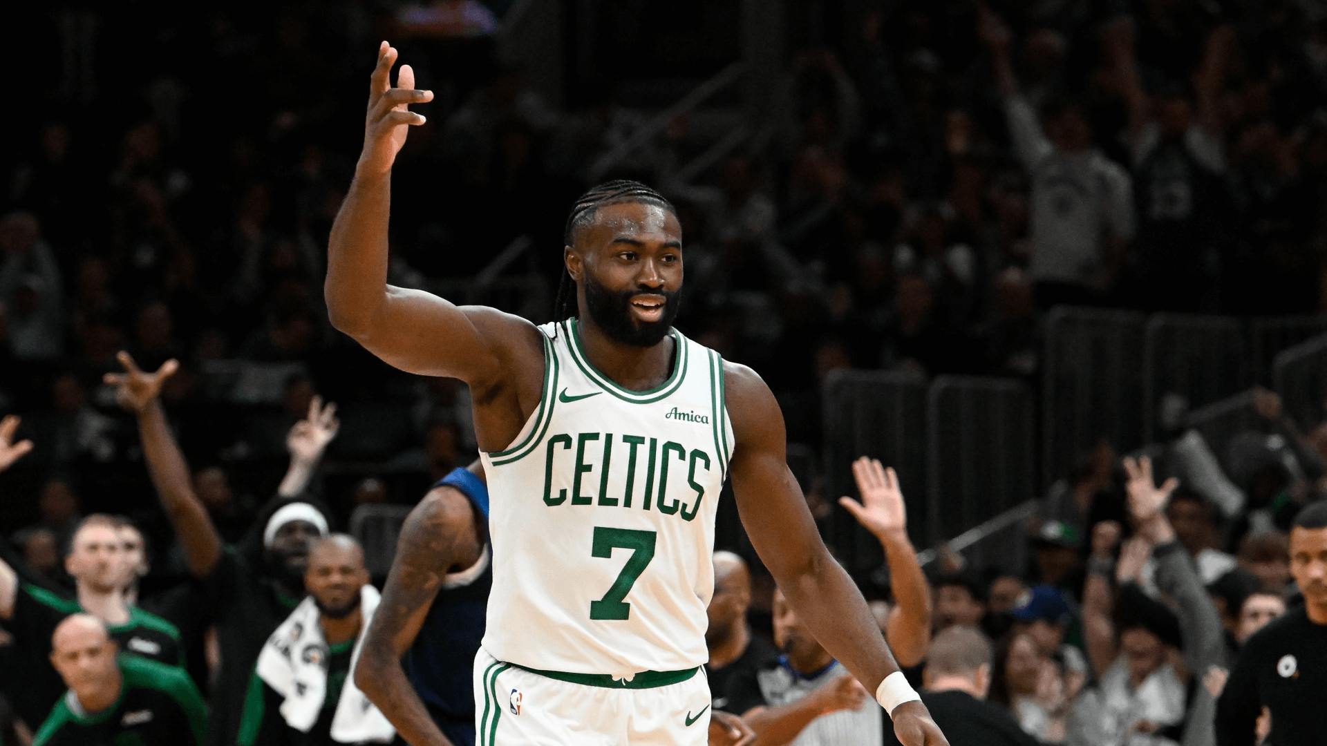 Boston Celtics guard Jaylen Brown (7) reacts to his three point basket against the Minnesota Timberwolves.