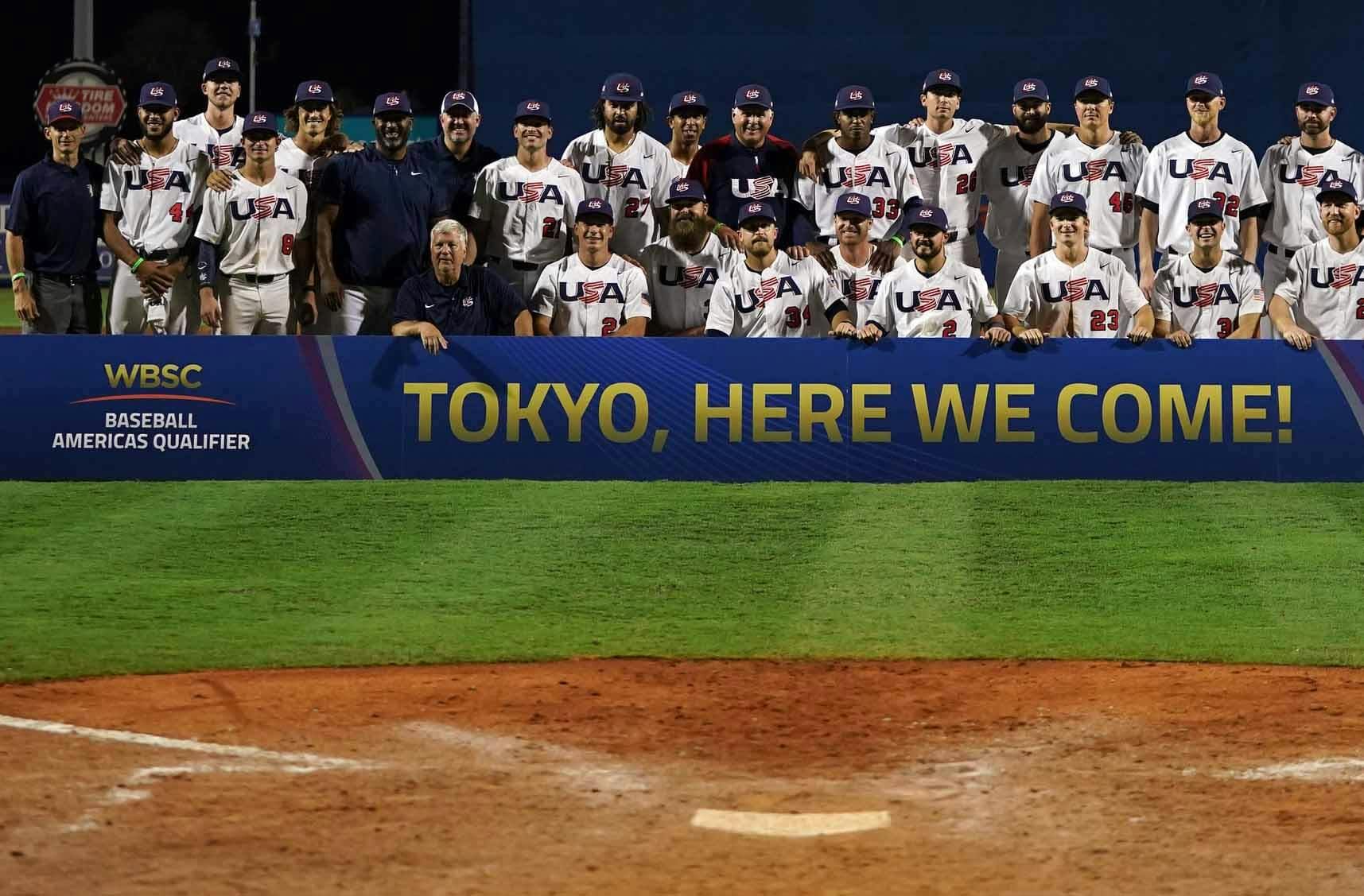 Team USA players pose for a picture after defeating Venezuela in the Super Round of the WBSC Baseball Americas Qualifier series game at Clover Park, and qualifying for the Olympic Games in Tokyo Japan. - USA TODAY Sports